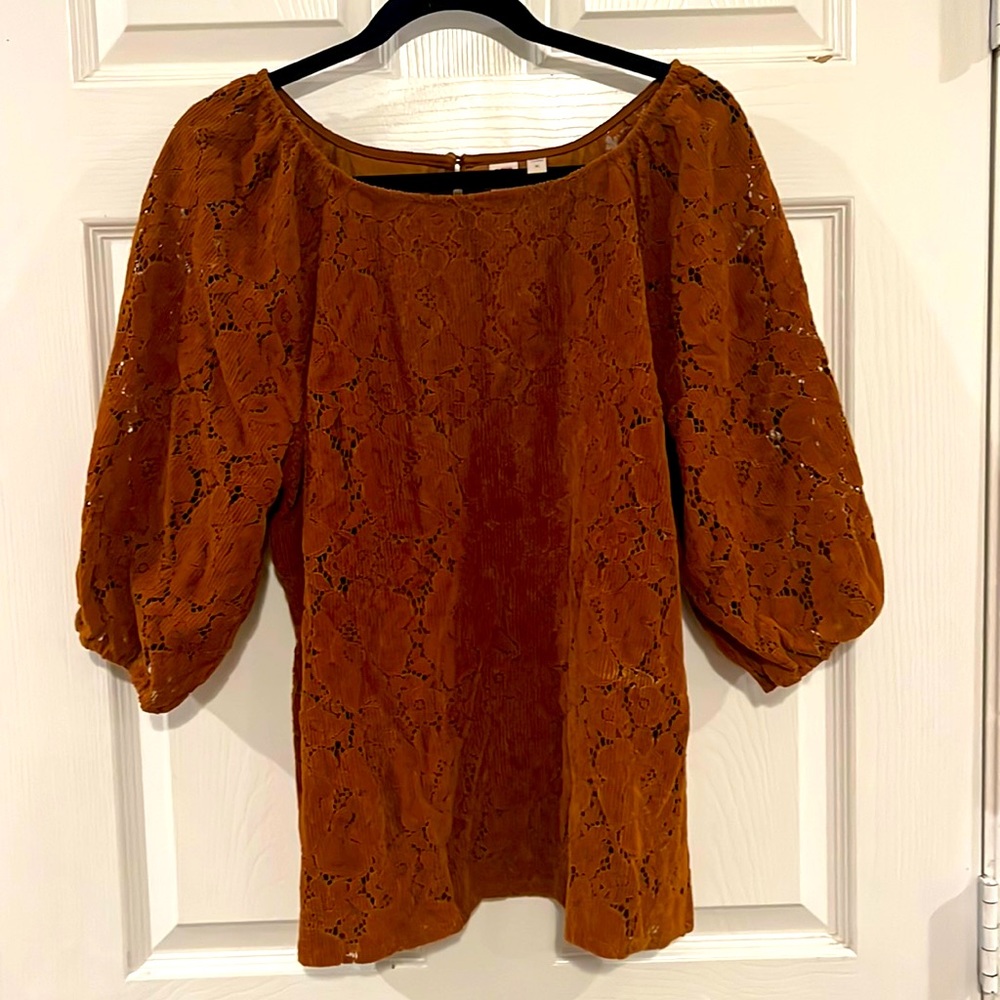 Lace corduroy burnt orange top from Anthropologie, XL, EUC